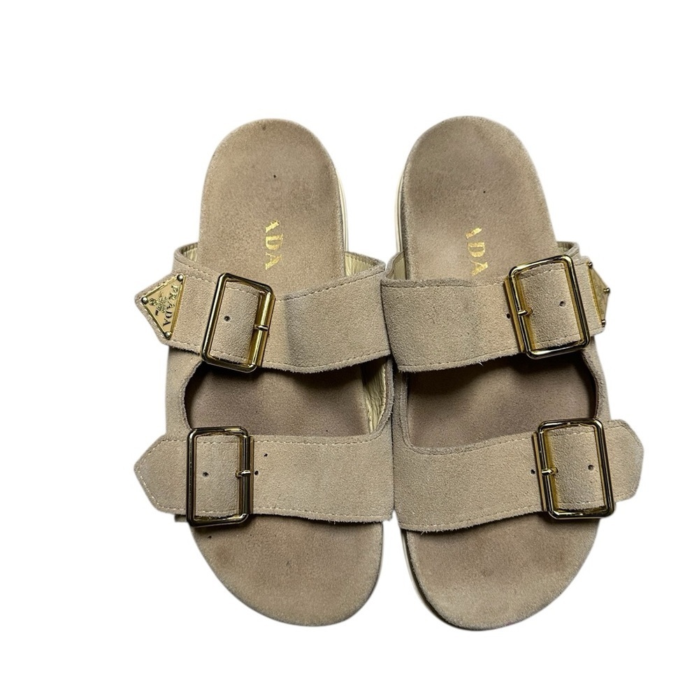 Prada Beige Suede Sandals with Gold Buckles, sz 37 pre-owned